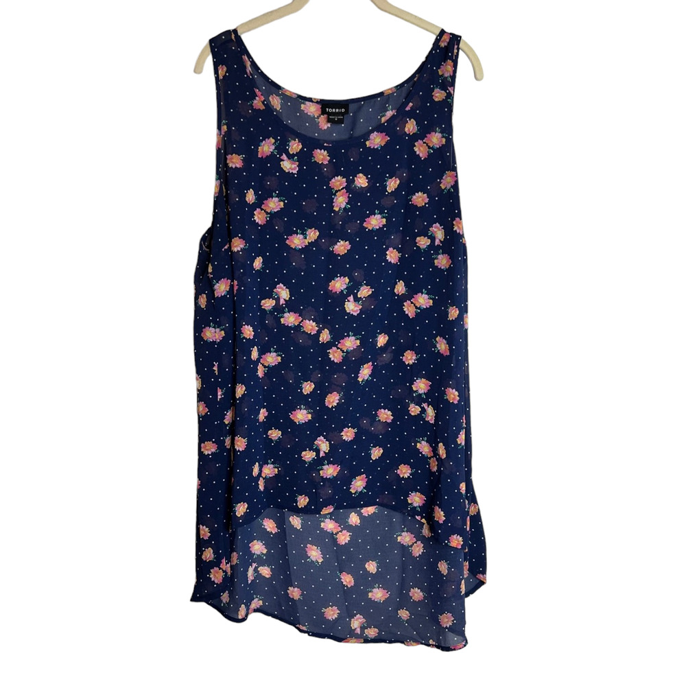 Torrid Womens Sheer Chiffon Tank Top 0X Blue Pink Floral High Low Cottagecore
